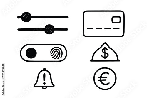 Payment Settings Doodles. Payment settings: hand drawn doodles of slider bars, default card, fingerprint toggle, budget limit,
