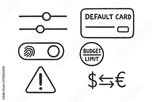 Payment Settings Doodles. Payment settings: hand drawn doodles of slider bars, default card, fingerprint toggle, budget limit,