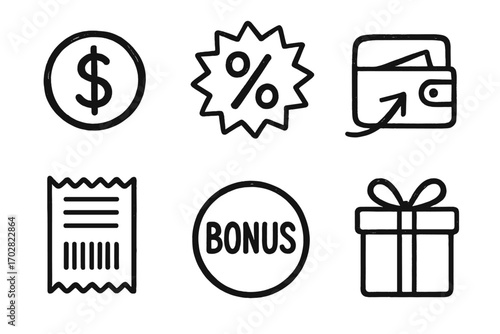 Cashback Doodle Icons. Cashback rewards: hand drawn doodles of dollar icon, percentage badge, cashback wallet, receipt scan, bonus