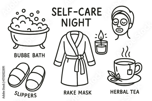 Relaxing Self-Care Elements. Self-care night: hand drawn doodles of bath bubbles, face mask, robe, relaxing candle, slippers, and