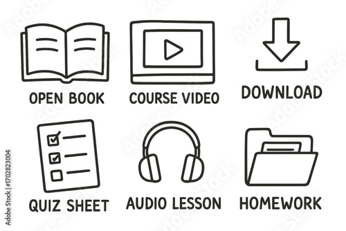 Doodle Online Course Icons. Online course icons: hand drawn doodles of open book, course video, download button, quiz sheet, audio