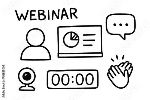 Webinar Doodle Icons. Webinar session: hand drawn doodles of presenter icon, slide screen, comment box, time countdown, webcam