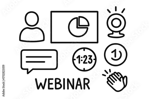 Webinar Doodle Icons. Webinar session: hand drawn doodles of presenter icon, slide screen, comment box, time countdown, webcam