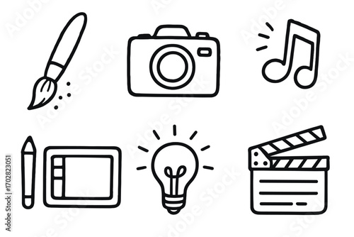 Creative Art Tools Doodles. Creative course: hand drawn doodles of paintbrush, camera, graphic tablet, music note, creative spark,