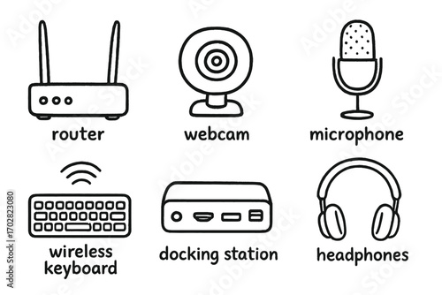 Tech Doodles Collection. Tech setup: hand drawn doodles of router, webcam, microphone, wireless keyboard, docking station, and