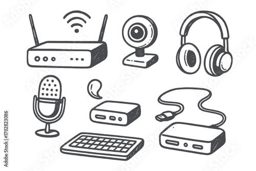 Tech Doodles Collection. Tech setup: hand drawn doodles of router, webcam, microphone, wireless keyboard, docking station, and
