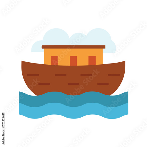 Large Ark Floating on Floodwaters on White Background