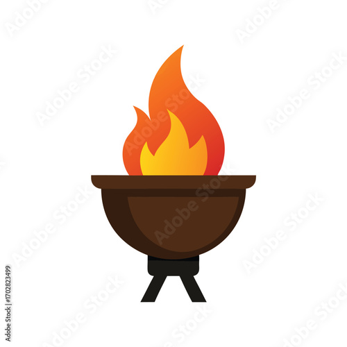 Glowing Ember Firepot with Blazing Torch on White Background