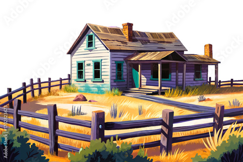 Ruins of western ranch house, broken wooden fence and dry prairie grass around
