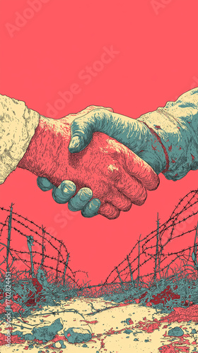 
Handshake of Peace After War – Hand-Drawn Comic Style Illustration