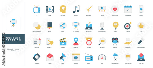 Content creation, creative media blog of author, copyright protection color icon set. Pencil and camera, microphone to create original content, social media publication flat vector illustration