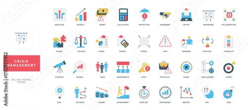 Crisis management, control and analysis of business risks, financial insurance color icon set. Safety decision and growth strategy, money audit, managers vision and strategy flat vector illustration