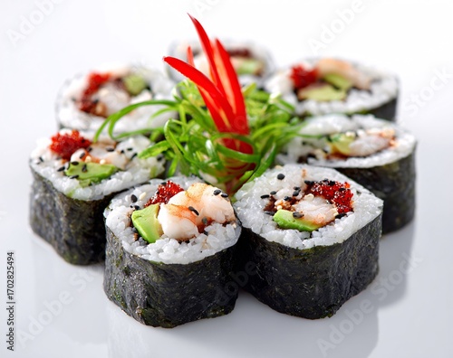 Sushi Rolls with Shrimp and Avocado Garnished with Green Onion and Red Pepper on White Background