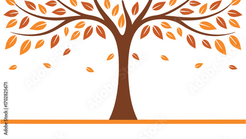 Minimalist autumn tree with falling leaves orange ground line vector
