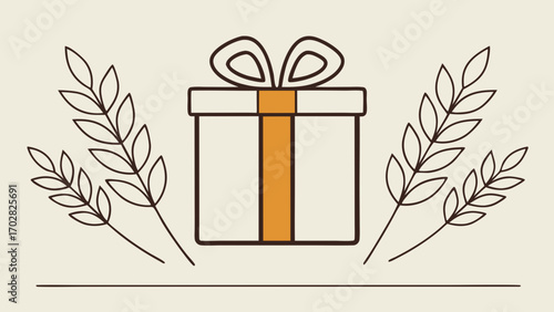 Minimalist gift box with branches beige for sale present banner