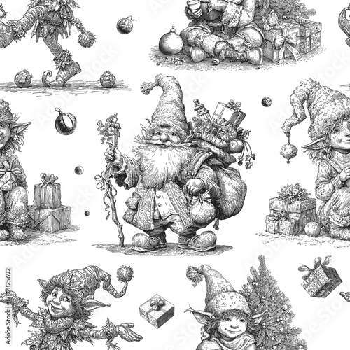 Traditional European Christmas scenes with elves and dwarves. Seamless vector pattern. Vintage engraving or ink drawing style vector illustration.
