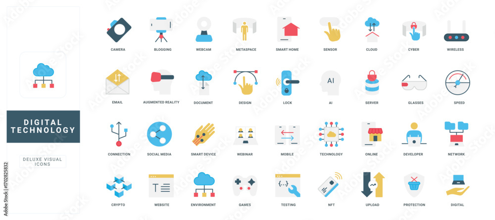 Digital technology and artificial intelligence support, data network and servers, smart home color icon set. Cryptocurrency and games, wireless connection, test of developer flat vector illustration Digital technology and artificial intelligence support, data network and servers, smart home color icon set. Cryptocurrency and games, wireless connection, test of developer flat vector illustration