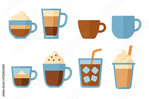 Coffee drinks silhouette icon set. featuring espresso, cappuccino, latte, iced coffee, mocha, frappe, and coffee cup