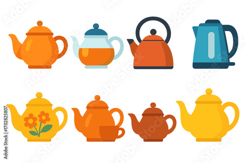 Tea and kettle flat icons set. featuring teapot, kettle, and floral design symbols