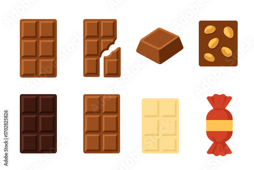 Chocolate flat icon set. featuring bars, pieces, candy, white, dark, milk, nut, and caramel designs