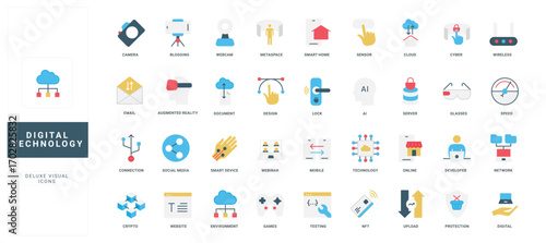 Digital technology and artificial intelligence support, data network and servers, smart home color icon set. Cryptocurrency and games, wireless connection, test of developer flat vector illustration