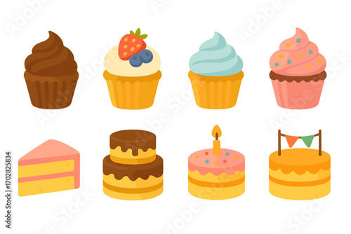 Bakery flat icon set. featuring cupcake, cake slice, birthday cake, chocolate cake, and decorated cake symbols