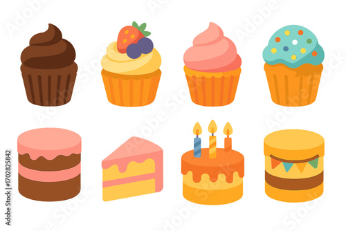 Bakery and dessert flat icon set. featuring cupcake, frosting, cake slice, birthday cake, and layered cake icons