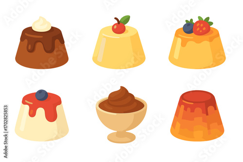 Dessert puddings flat icon set. featuring chocolate, flan, cherries, berries, caramel, and cream.