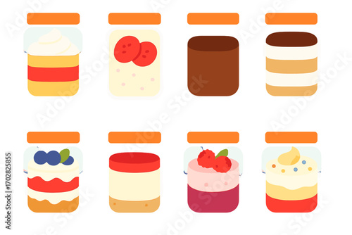 Food jars flat icon set. featuring yogurt, tomato sauce, chocolate, cream, fruit parfait, raspberry, and dessert symbols