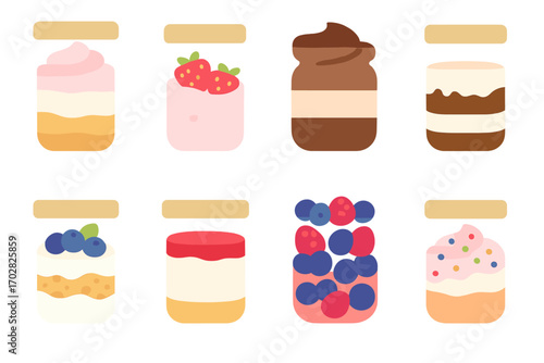 Dessert jars flat icon set. featuring strawberry, chocolate, blueberry, raspberry, and cake symbols