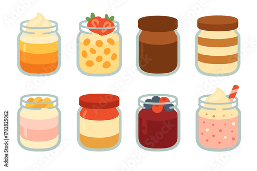 Food and dessert flat icon set. featuring pudding, mousse, yogurt, jam, parfait, custard, and jelly