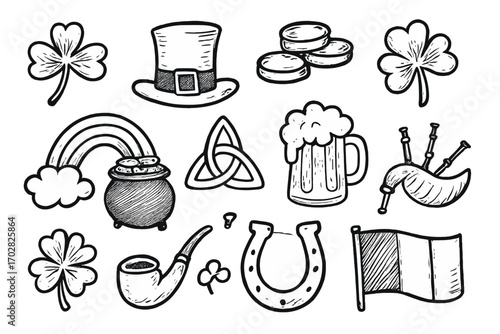 St. Patrick's Day Icons. St. Patrick’s Day doodle icon set: hand drawn icons of shamrock, leprechaun hat, gold coins, rainbow, pot