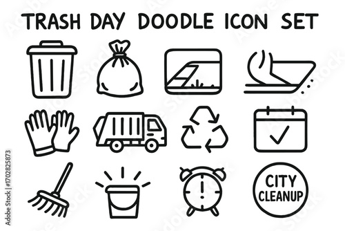 Trash Day Doodle Icons. Trash day doodle icon set: hand drawn icons of garbage bin, trash bag, curbside icon, gloves, garbage