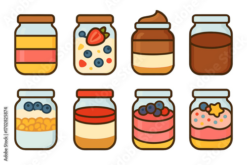 Dessert jars flat icon set. featuring strawberry, blueberry, chocolate, honey, and caramel icons