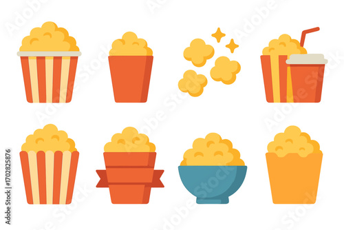 Popcorn silhouette icon set. featuring bucket, box, soda, bowl, and snack symbols.