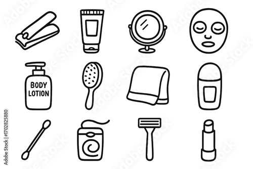 Personal Care Doodle Set. Personal care doodle icon set: hand drawn icons of nail clipper, hand cream, mirror, face mask, body