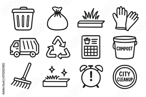 Trash Day Doodle Icons. Trash day doodle icon set: hand drawn icons of garbage bin, trash bag, curbside icon, gloves, garbage