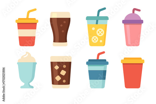 Beverages flat icon set. featuring soda, beer, lemonade, milkshake, juice, iced coffee, smoothie, tea