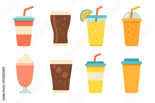 Beverage silhouette icon set. featuring cup, milkshake, soda, juice, mug, coffee, lemonade, bubble tea, beer