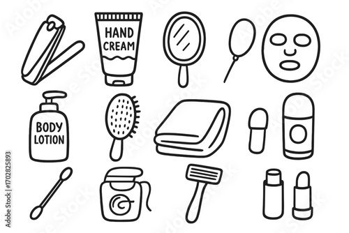 Personal Care Doodle Set. Personal care doodle icon set: hand drawn icons of nail clipper, hand cream, mirror, face mask, body