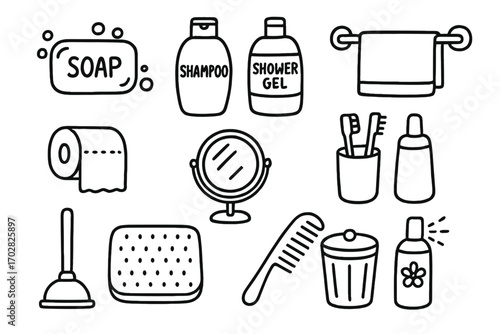 Bathroom Essentials Doodle. Bathroom essentials doodle icon set: hand drawn icons of soap bar, shampoo, shower gel, towel rack,