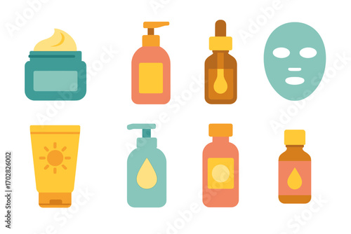 Skincare products flat icon set. featuring cream, lotion, serum, mask, sunscreen, and cleanser symbols