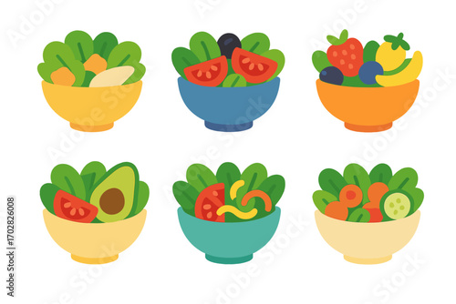 Nutrition flat icon set. featuring salad, avocado, tomato, strawberry, cucumber, and vegetable bowls