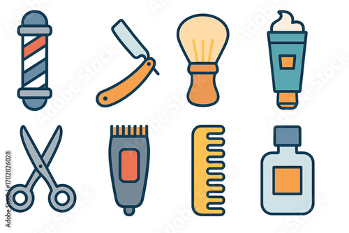 Barber shop flat icons set. featuring pole, razor, brush, cream, scissors, trimmer, comb, and bottle