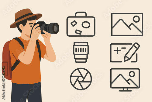 Tourist Photography Essentials. Horizontal vector banner featuring tourist with camera and comprehensive travel photography icon