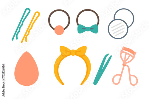 Beauty accessories silhouette icon set. featuring hairpins, headbands, mirrors, sponges, tweezers, curler