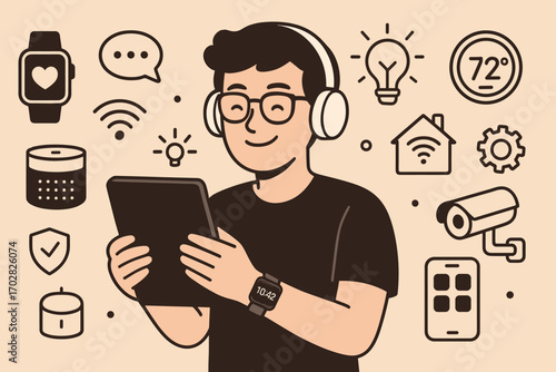 Tech Enthusiast's Smart Gadgets. Horizontal vector banner featuring tech enthusiast with gadgets and comprehensive smart devices