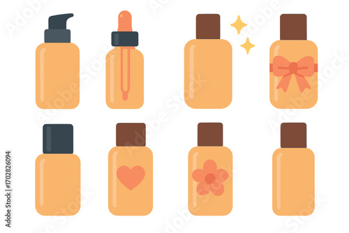 Beauty products flat icon set. featuring lotion, serum, essence, moisturizer, perfume, oil, cream, and cosmetic