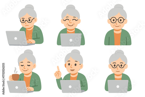 Office work flat icon set: elderly woman with laptop, glasses, coffee, and smiling