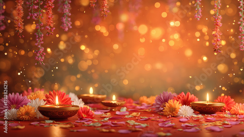 Realistic Durga Puja Festival Background with Glowing Diyas, Colorful Flowers, and Golden Sparkles